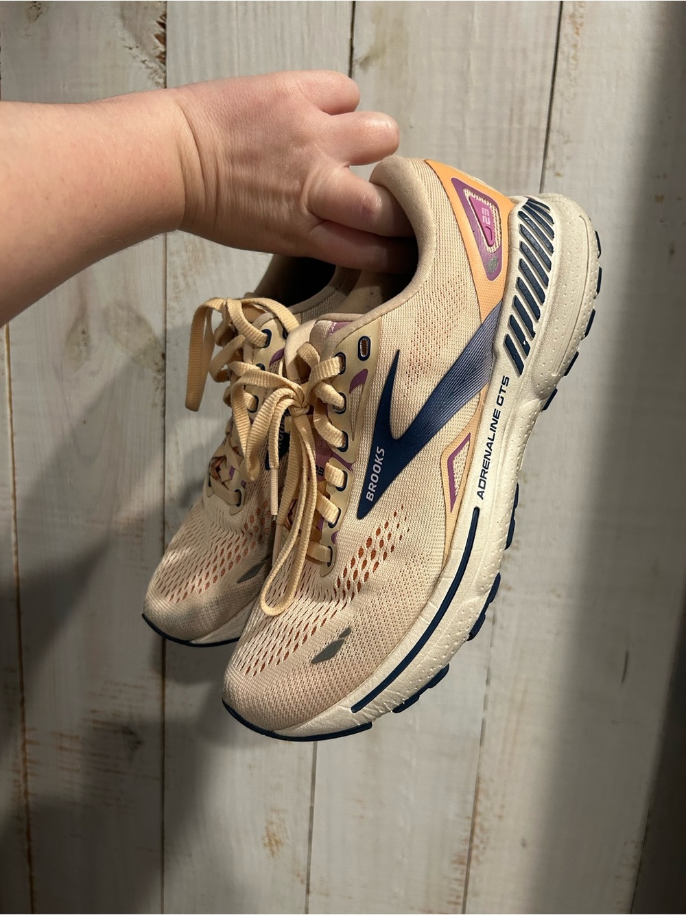 Brooks Women's Running Sneakers in Beige with Navy and Pink Accents